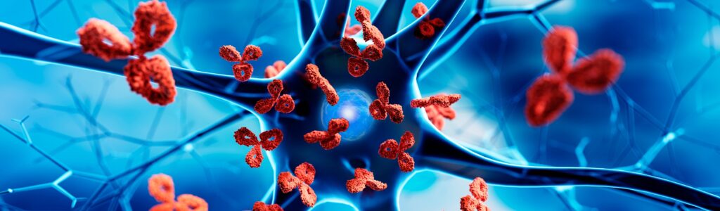 Nerve,Cell,With,Blue,Background,Attacked,By,Red,Antibodies,-